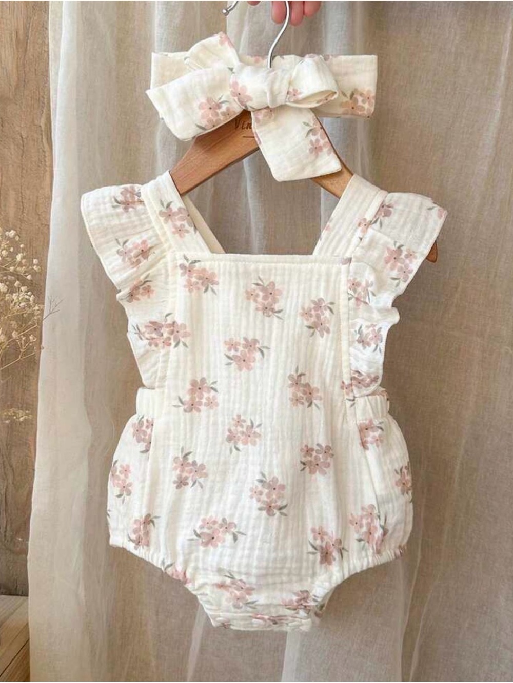 Floral Baby Romper with Bow - Cream & Blush Pink